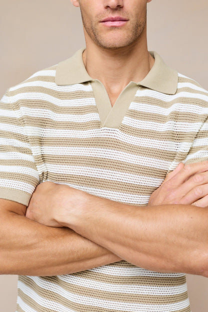 Lattolo Striped Knit Polo Shirt - Ecru/Beige